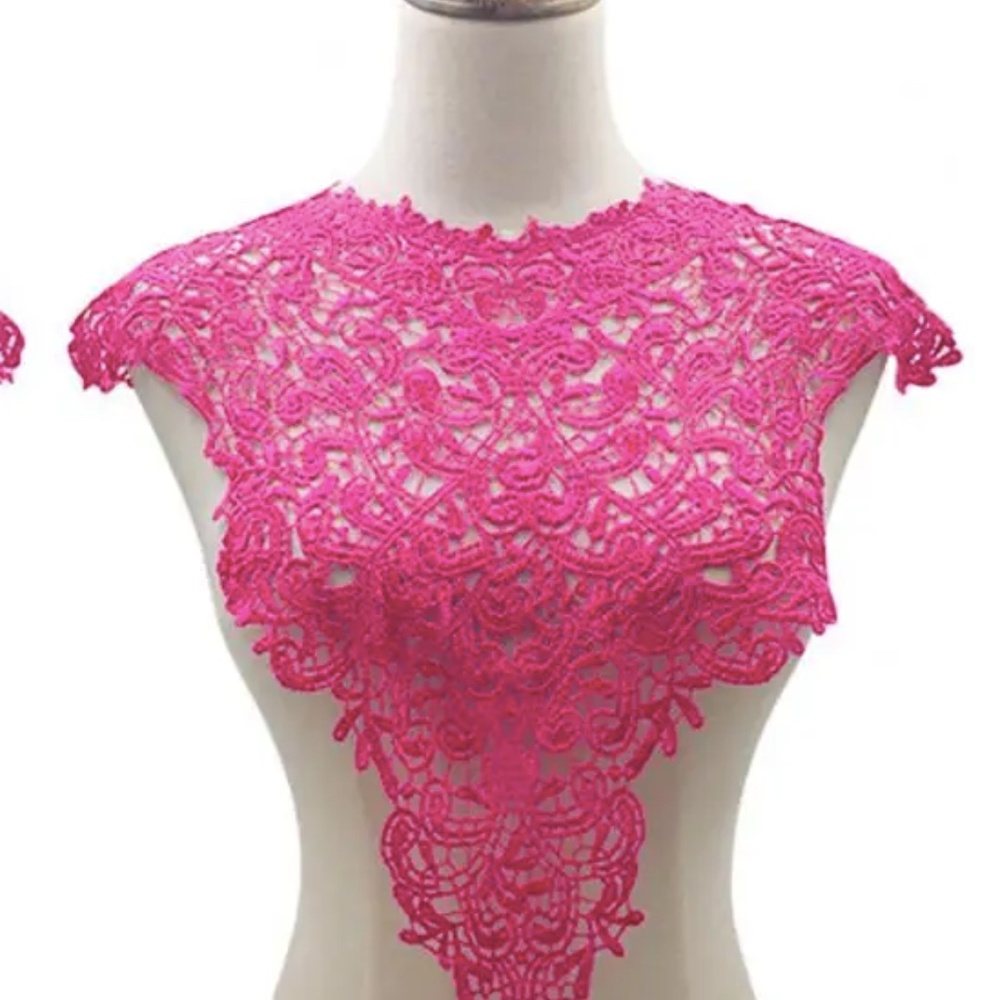 Embroidered lace neckline applique for sewing - fuchsia
